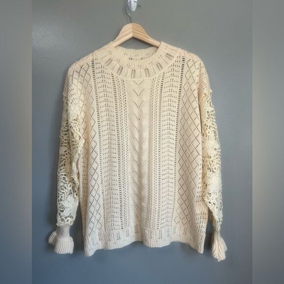 Cream open knit floral crewneck sweater size large twee retro quirky cute retro - Picture 6 of 6